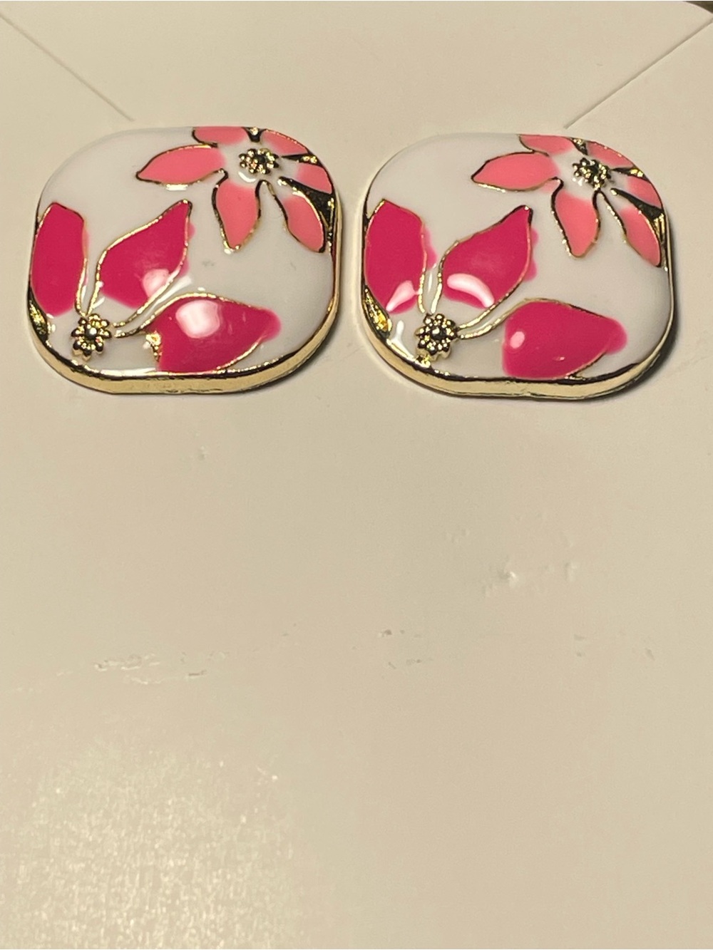 Gold-Trim White & Pink Floral Enamel Stud Earrings